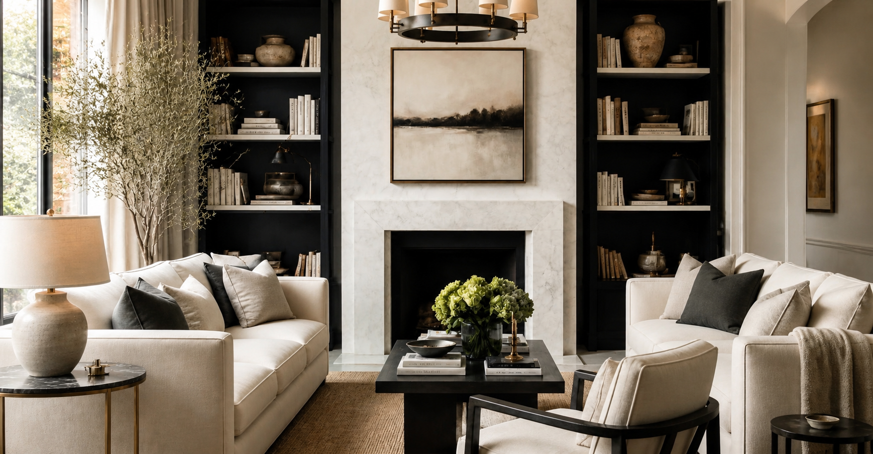 Sala de estar con chimenea de mármol diseñada por Ezcala Studio