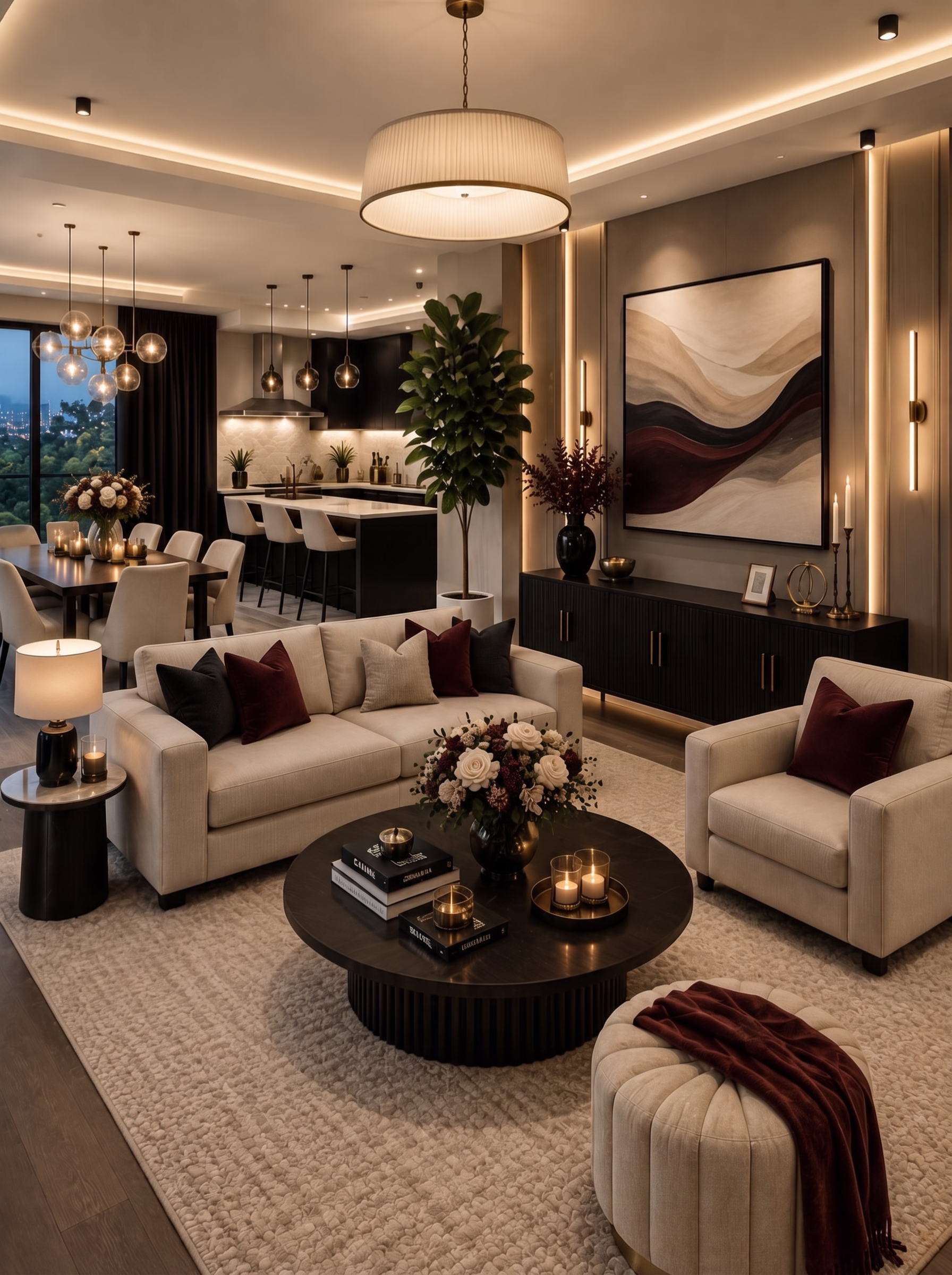 Sala y comedor contemporáneos con iluminación cálida